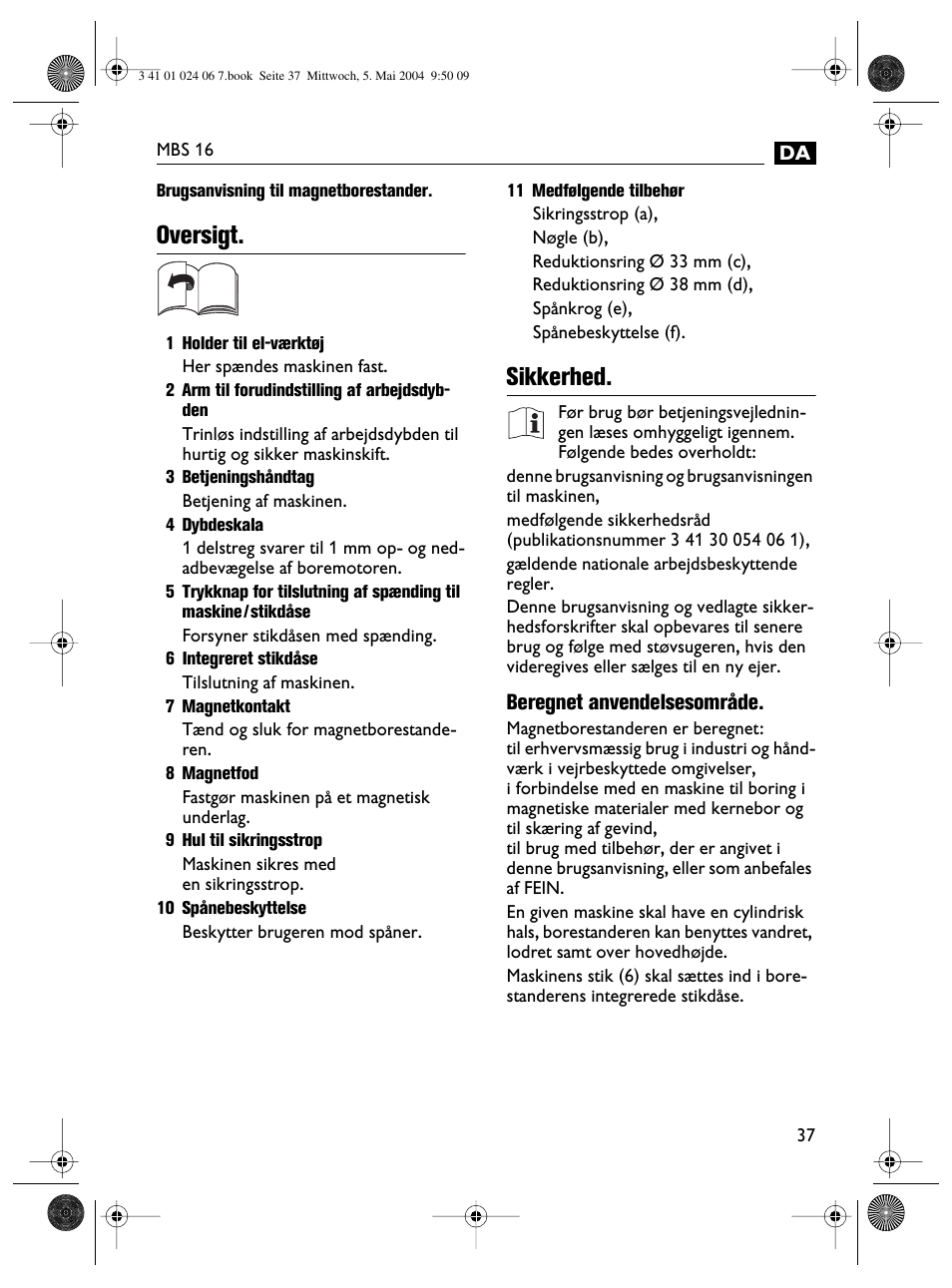 Oversigt, Sikkerhed | Fein MBS16 User Manual | Page 37 / 78