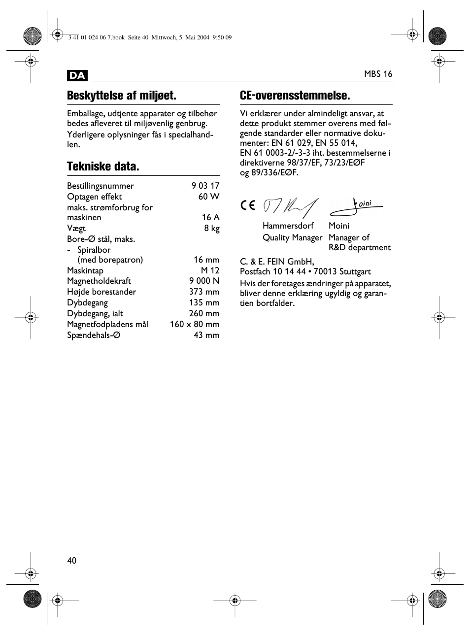 Beskyttelse af miljøet, Tekniske data. ce-overensstemmelse | Fein MBS16 User Manual | Page 40 / 78