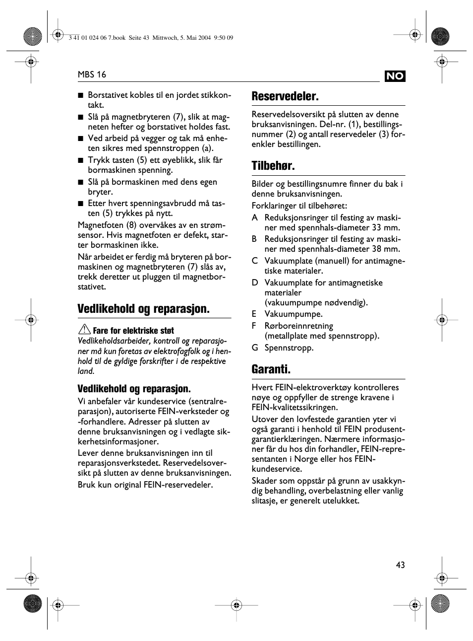 Vedlikehold og reparasjon, Reservedeler, Tilbehør | Garanti | Fein MBS16 User Manual | Page 43 / 78