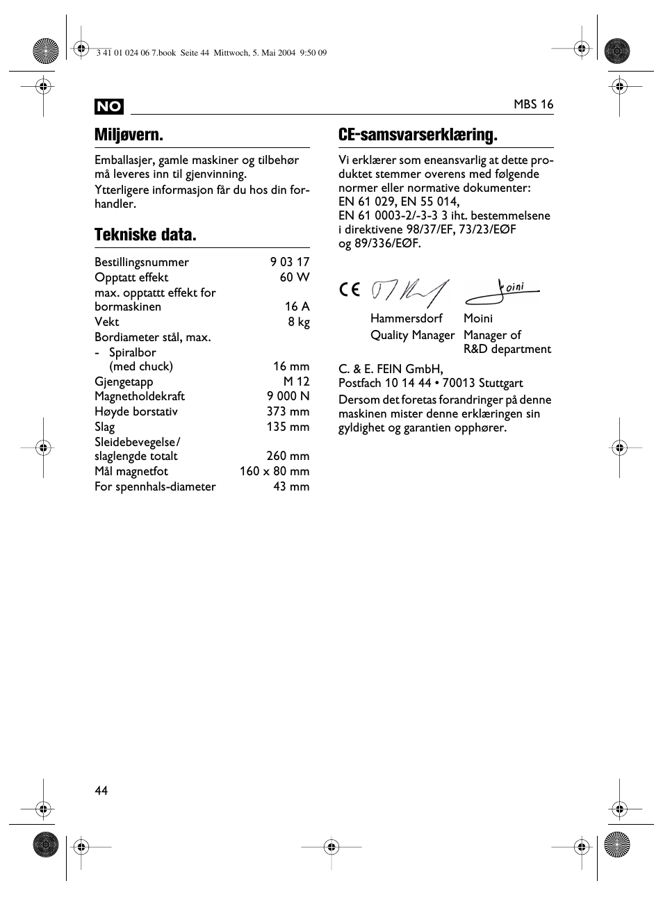 Miljøvern, Tekniske data. ce-samsvarserklæring | Fein MBS16 User Manual | Page 44 / 78