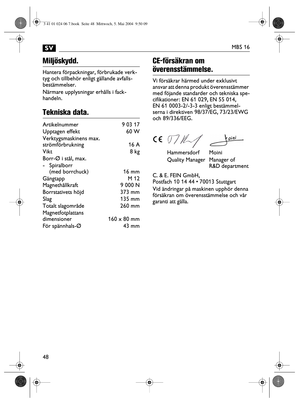 Miljöskydd, Tekniska data. ce-försäkran om överensstämmelse | Fein MBS16 User Manual | Page 48 / 78