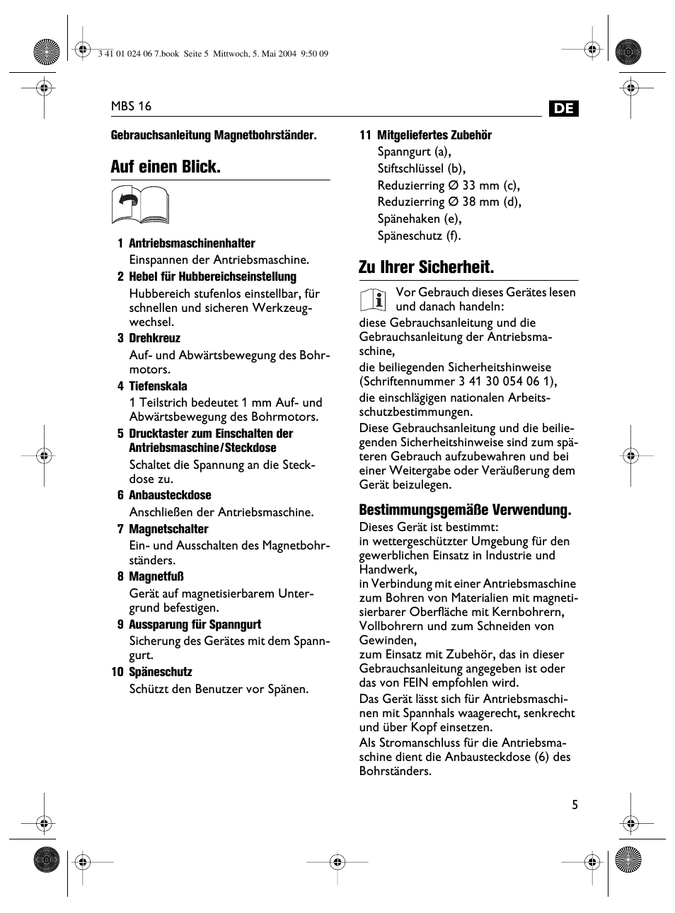 Auf einen blick, Zu ihrer sicherheit | Fein MBS16 User Manual | Page 5 / 78