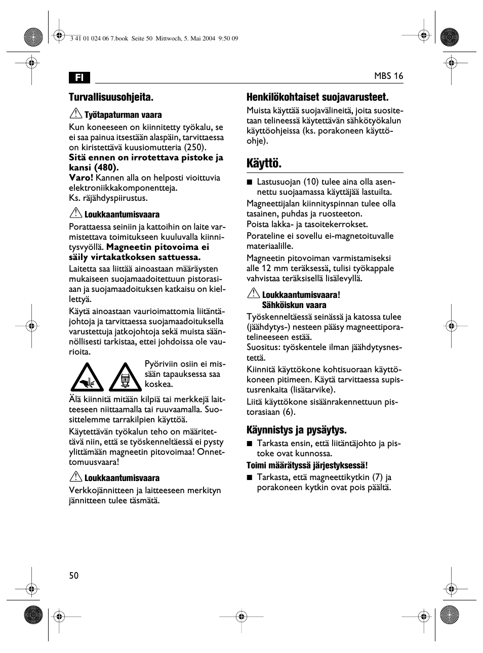 Käyttö | Fein MBS16 User Manual | Page 50 / 78