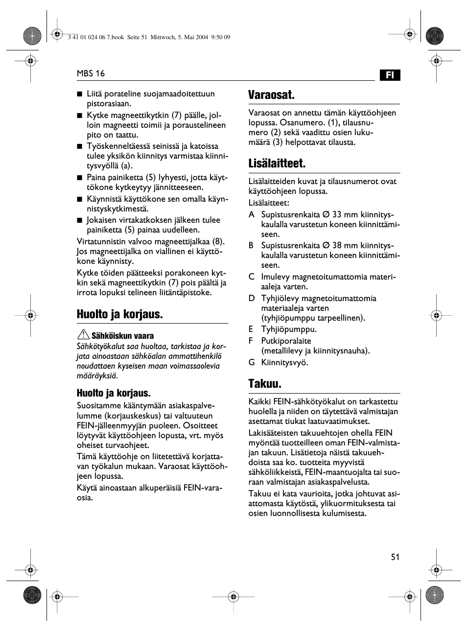 Huolto ja korjaus, Varaosat, Lisälaitteet | Takuu | Fein MBS16 User Manual | Page 51 / 78