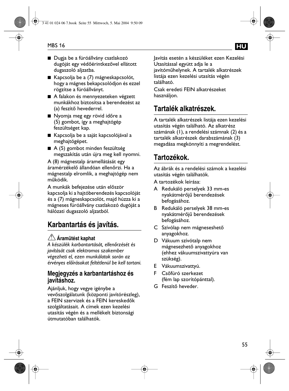 Karbantartás és javítás, Tartalék alkatrészek, Tartozékok | Fein MBS16 User Manual | Page 55 / 78