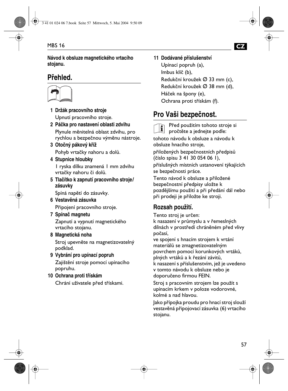 Pﬁehled, Pro va‰i bezpeãnost | Fein MBS16 User Manual | Page 57 / 78