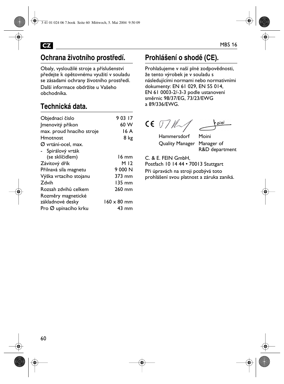 Ochrana ïivotního prostﬁedí, Technická data. prohlá‰ení o shodû (ce) | Fein MBS16 User Manual | Page 60 / 78