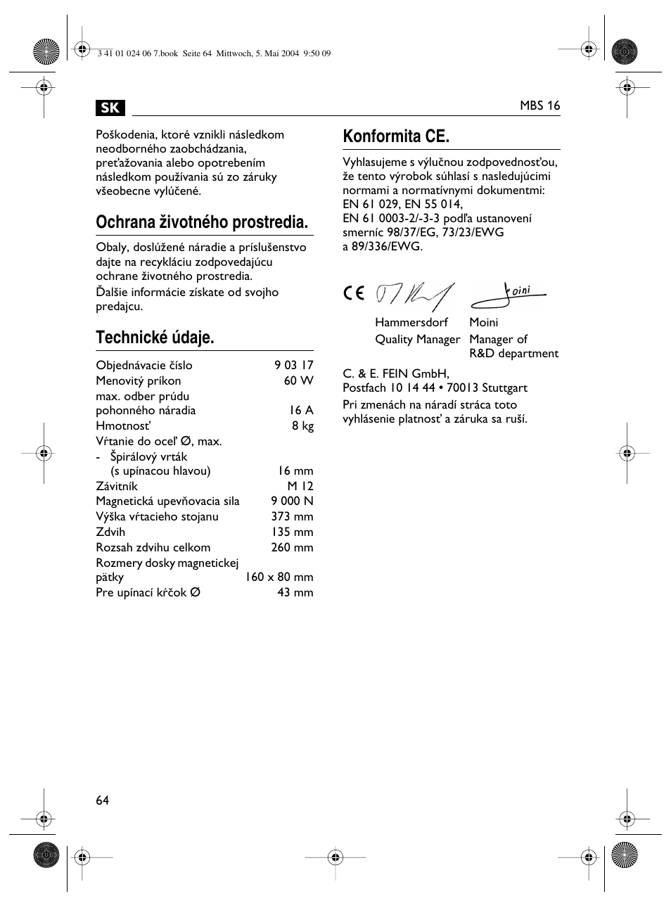 Ochrana ïivotného prostredia, Technické údaje. konformita ce | Fein MBS16 User Manual | Page 64 / 78