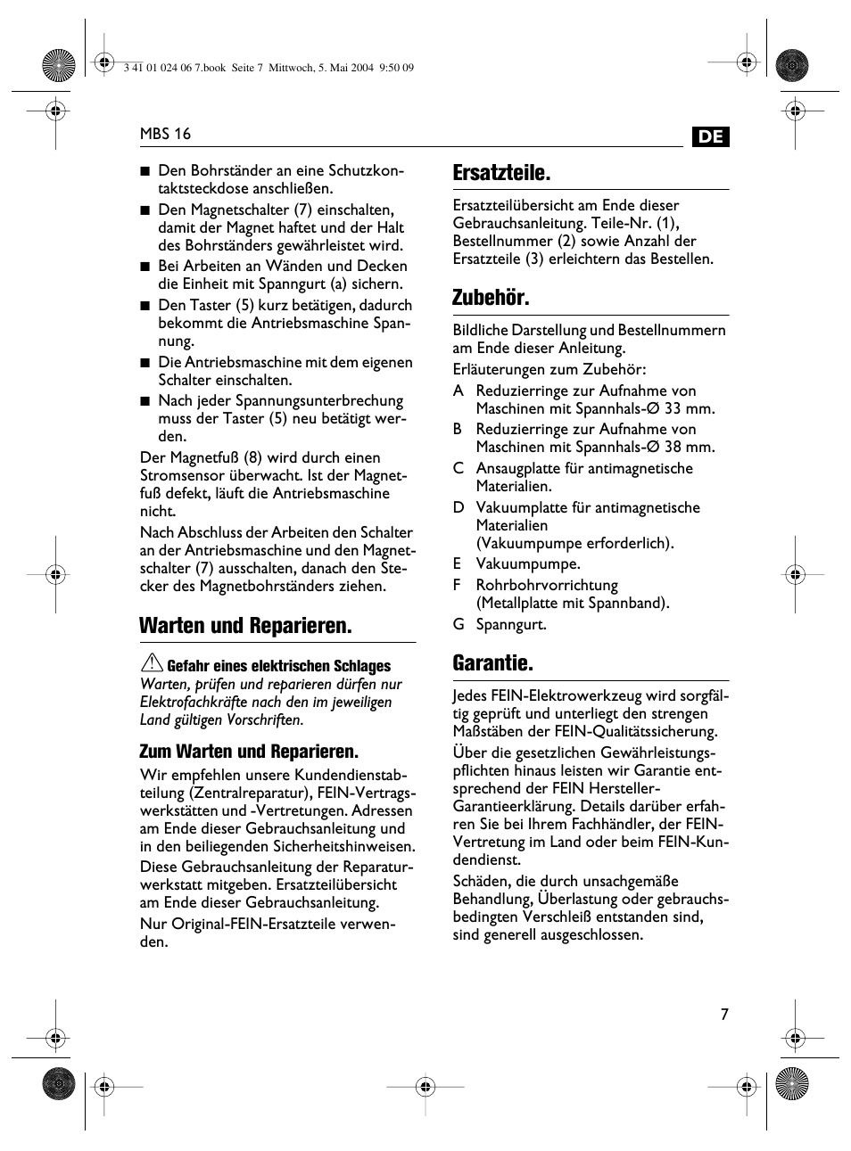 Warten und reparieren, Ersatzteile, Zubehör | Garantie | Fein MBS16 User Manual | Page 7 / 78