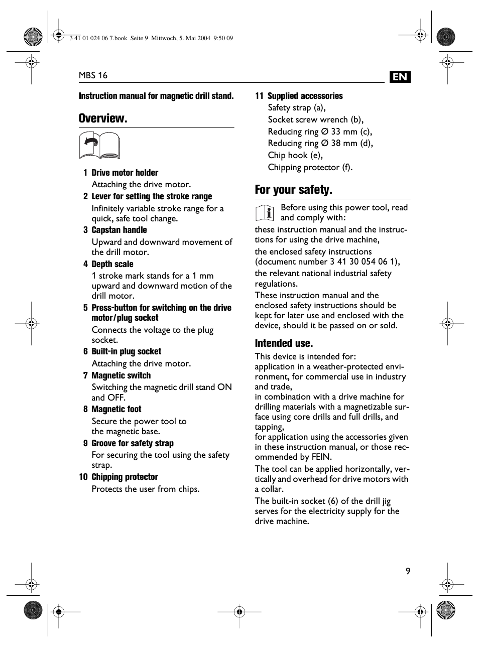 Overview, For your safety | Fein MBS16 User Manual | Page 9 / 78