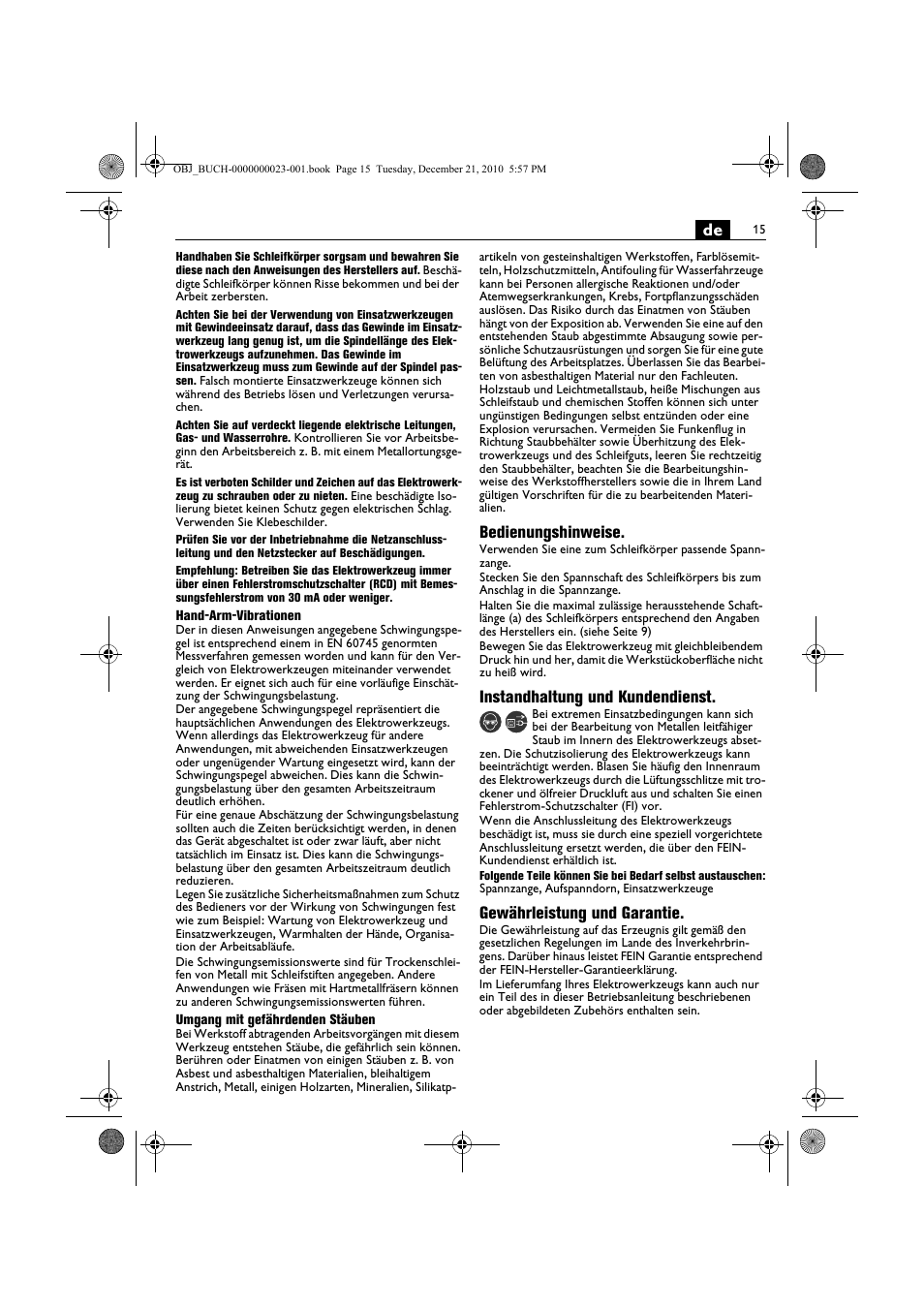 Bedienungshinweise, Instandhaltung und kundendienst, Gewährleistung und garantie | Fein MShy_648-1Z User Manual | Page 15 / 164