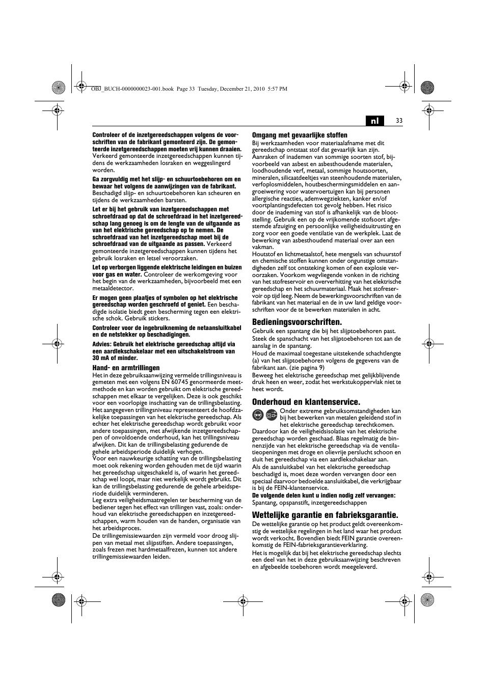 Bedieningsvoorschriften, Onderhoud en klantenservice, Wettelijke garantie en fabrieksgarantie | Fein MShy_648-1Z User Manual | Page 33 / 164