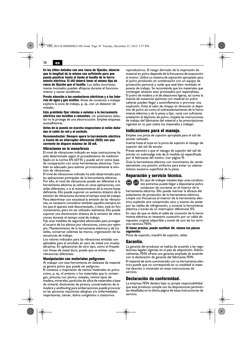 Indicaciones para el manejo, Reparación y servicio técnico, Garantía | Declaración de conformidad | Fein MShy_648-1Z User Manual | Page 38 / 164