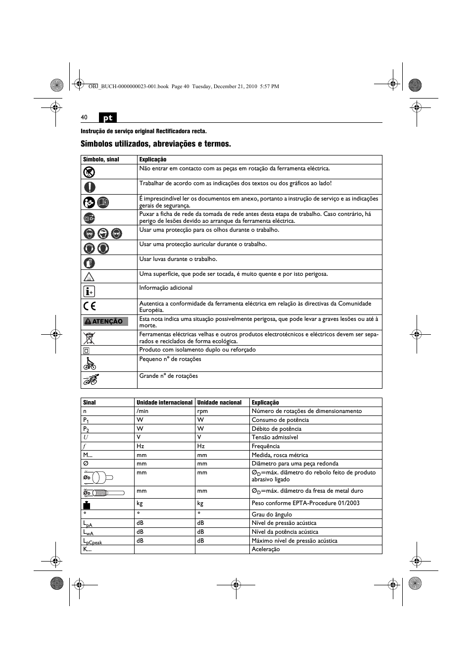 Símbolos utilizados, abreviações e termos | Fein MShy_648-1Z User Manual | Page 40 / 164