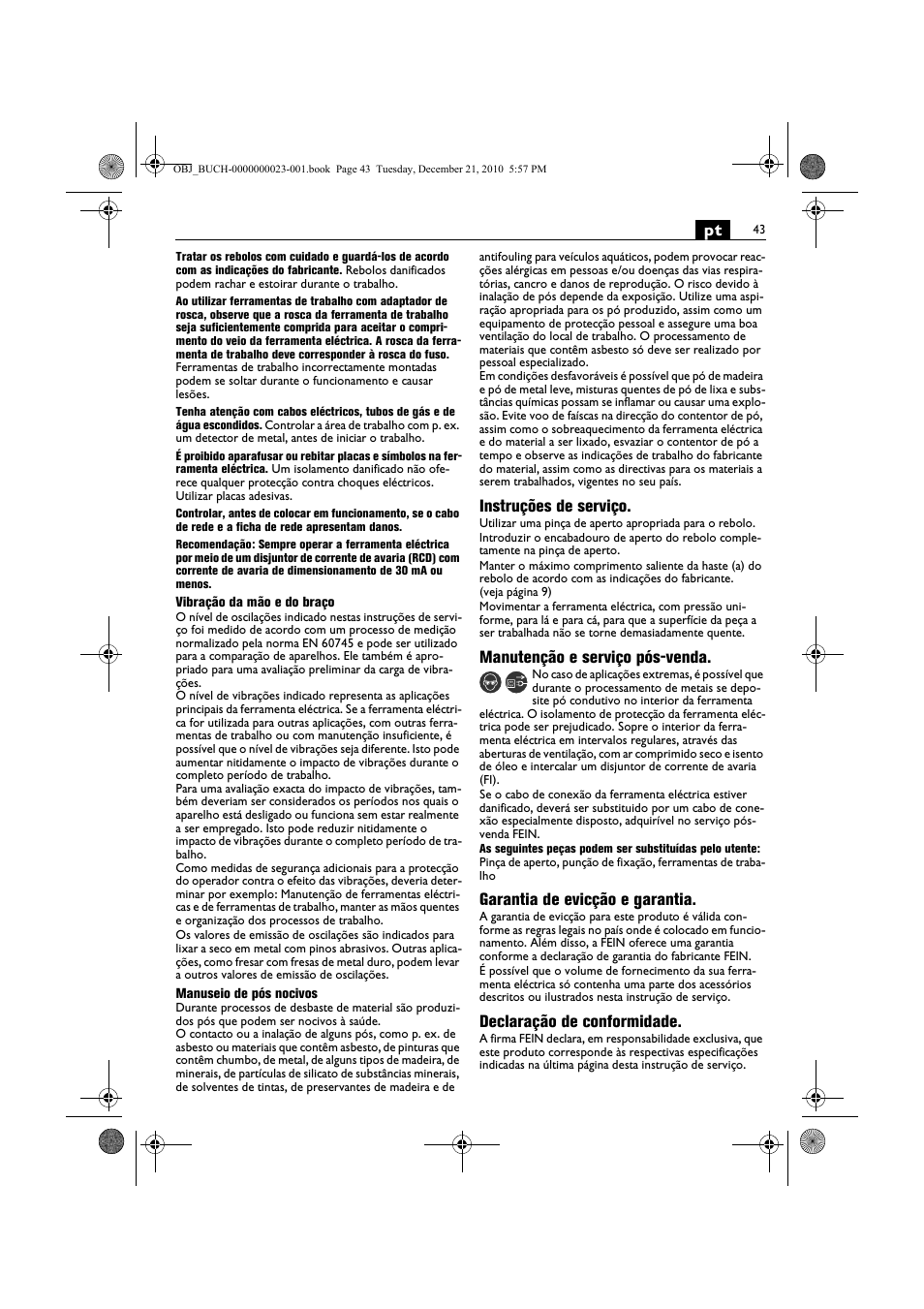 Instruções de serviço, Manutenção e serviço pós-venda, Garantia de evicção e garantia | Declaração de conformidade | Fein MShy_648-1Z User Manual | Page 43 / 164