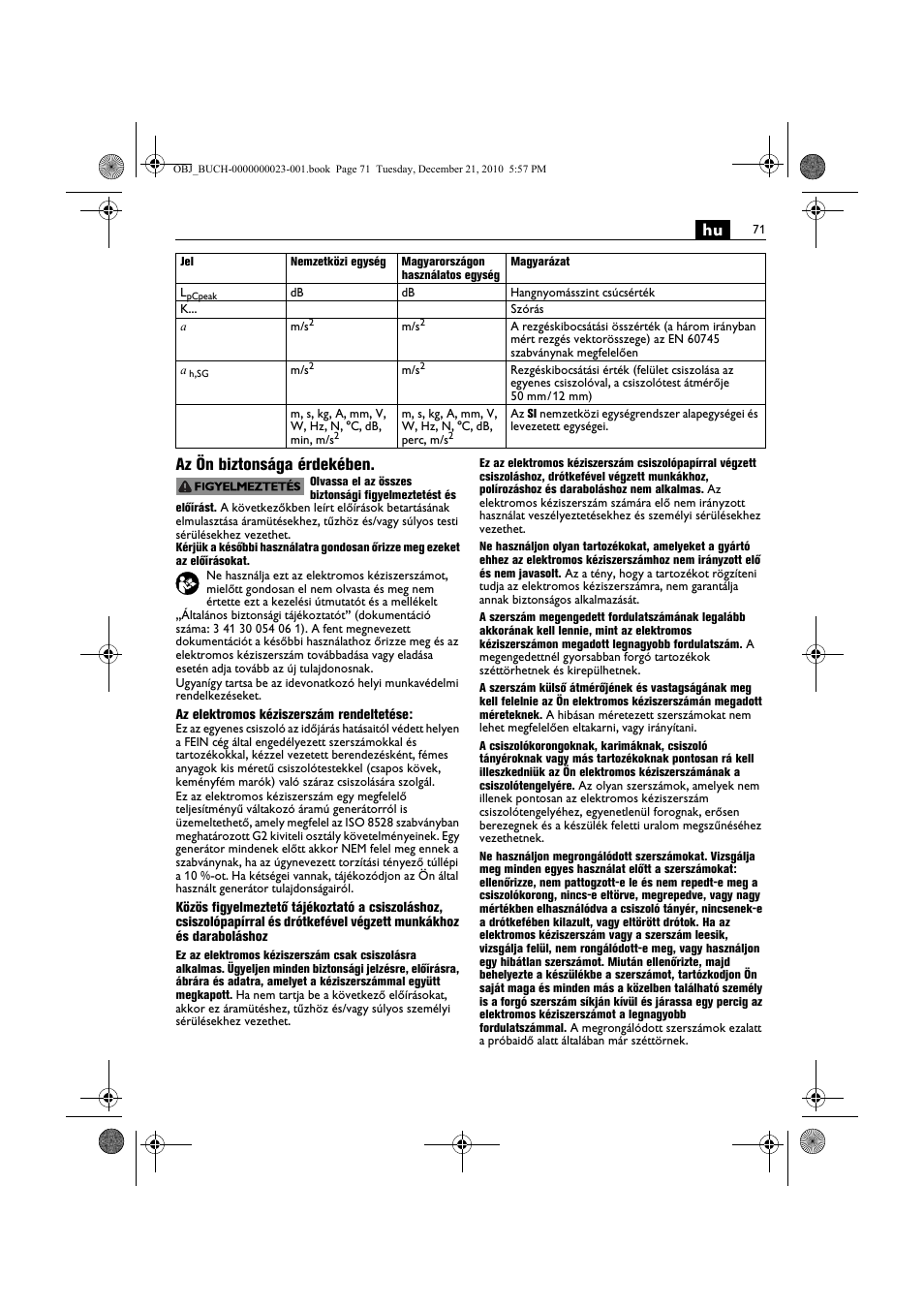 Hu az ön biztonsága érdekében | Fein MShy_648-1Z User Manual | Page 71 / 164