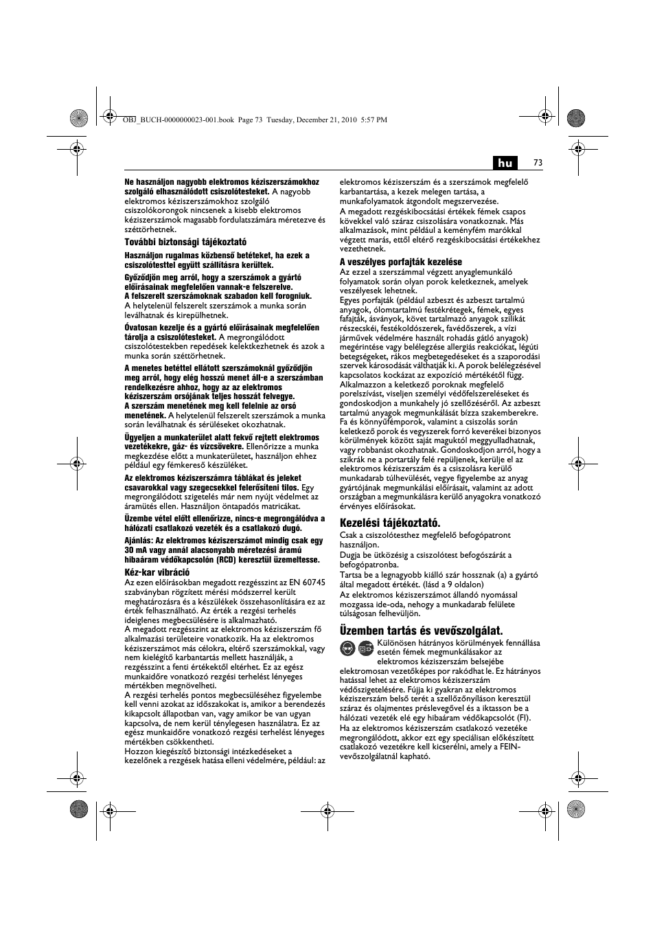 Kezelési tájékoztató, Üzemben tartás és vevőszolgálat | Fein MShy_648-1Z User Manual | Page 73 / 164