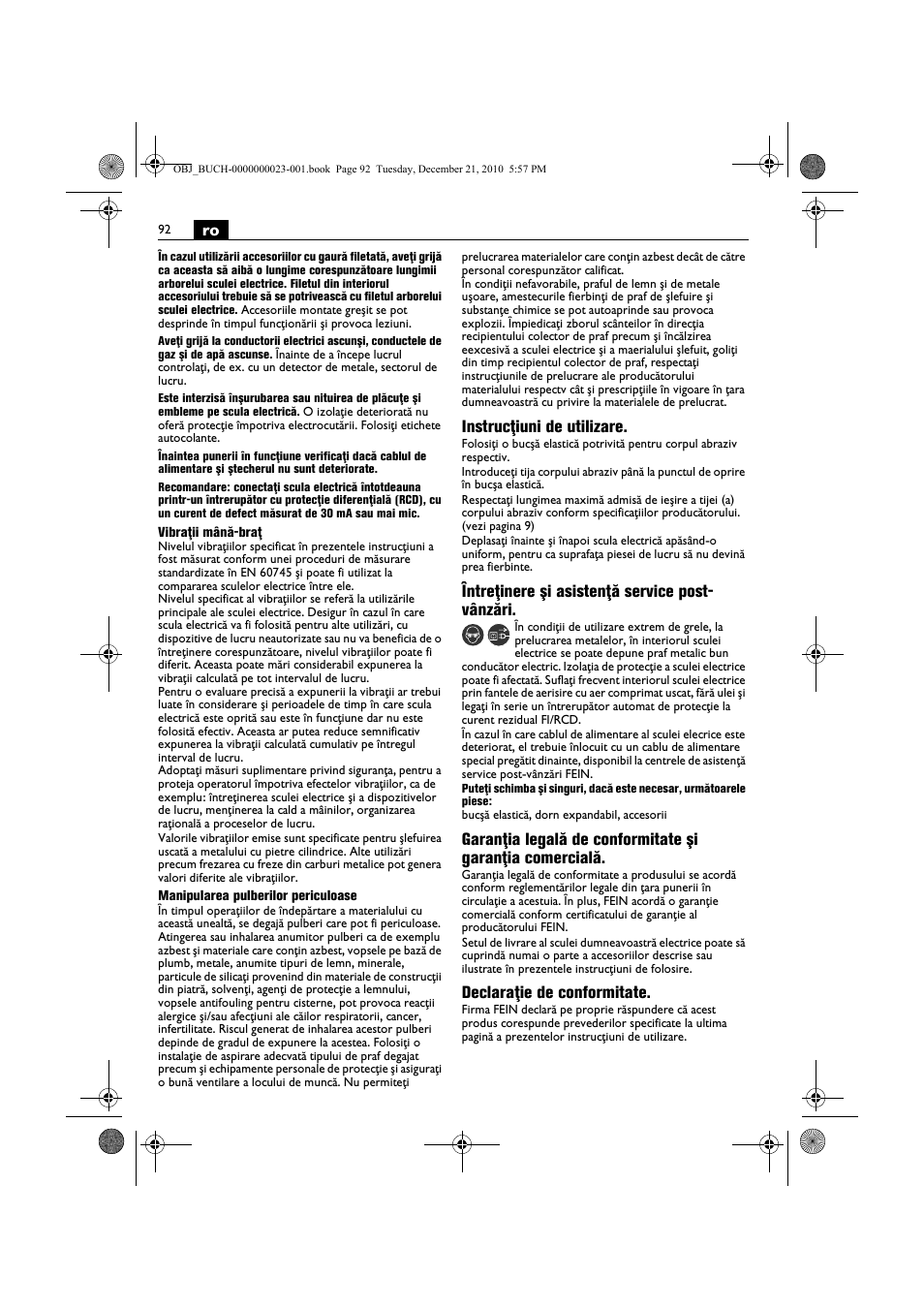 Instrucţiuni de utilizare, Întreţinere şi asistenţă service post- vânzări, Declaraţie de conformitate | Fein MShy_648-1Z User Manual | Page 92 / 164