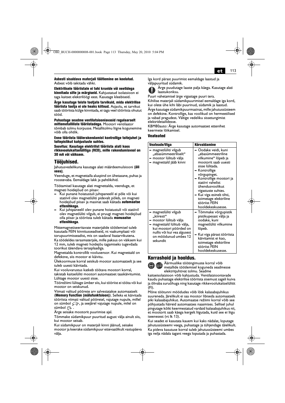 Tööjuhised, Korrashoid ja hooldus | Fein KBM80auto User Manual | Page 113 / 148