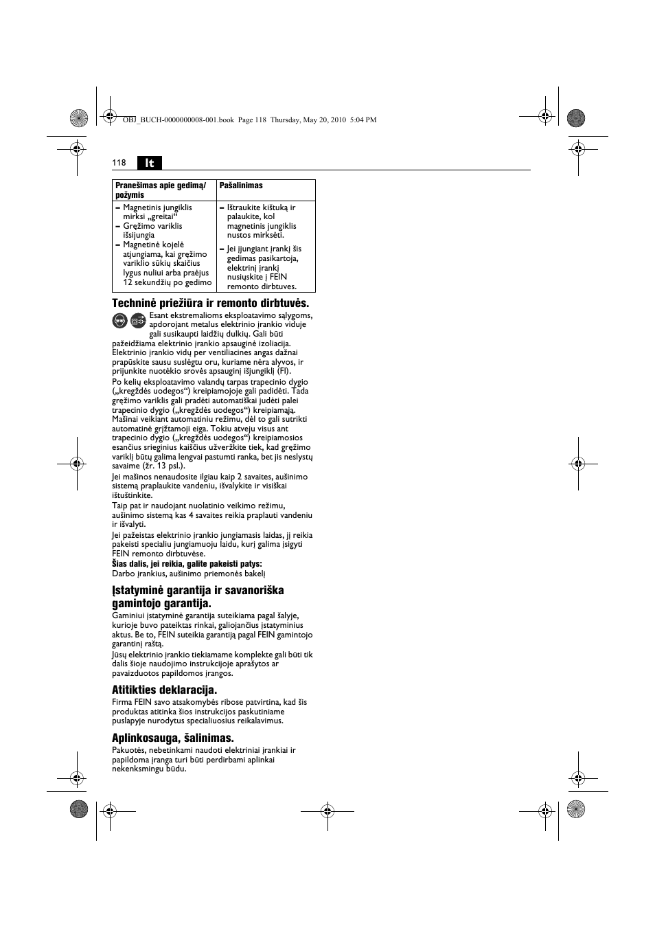 Lt techninė priežiūra ir remonto dirbtuvės, Atitikties deklaracija, Aplinkosauga, šalinimas | Fein KBM80auto User Manual | Page 118 / 148