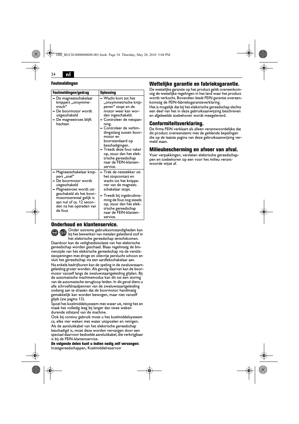 Onderhoud en klantenservice, Wettelijke garantie en fabrieksgarantie, Conformiteitsverklaring | Milieubescherming en afvoer van afval | Fein KBM80auto User Manual | Page 34 / 148