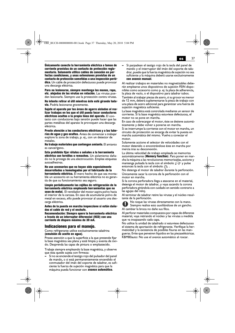 Indicaciones para el manejo | Fein KBM80auto User Manual | Page 37 / 148