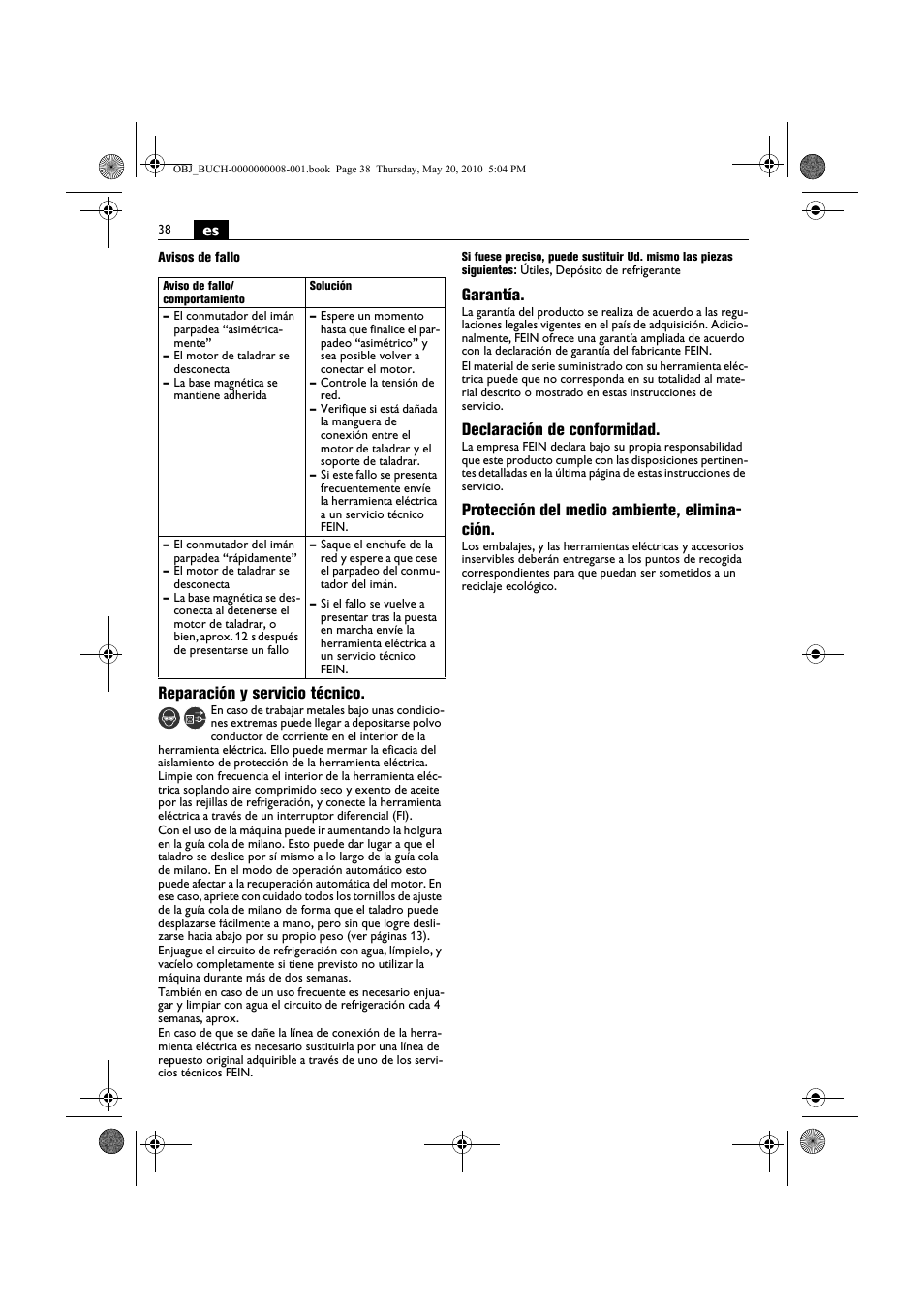 Reparación y servicio técnico, Garantía, Declaración de conformidad | Protección del medio ambiente, elimina- ción | Fein KBM80auto User Manual | Page 38 / 148