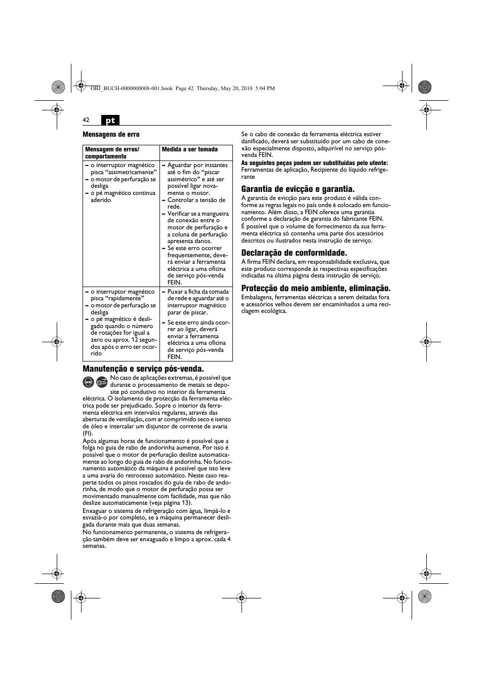 Manutenção e serviço pós-venda, Garantia de evicção e garantia, Declaração de conformidade | Protecção do meio ambiente, eliminação | Fein KBM80auto User Manual | Page 42 / 148