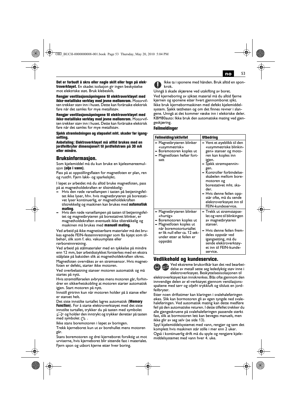 Bruksinformasjon, Vedlikehold og kundeservice | Fein KBM80auto User Manual | Page 53 / 148