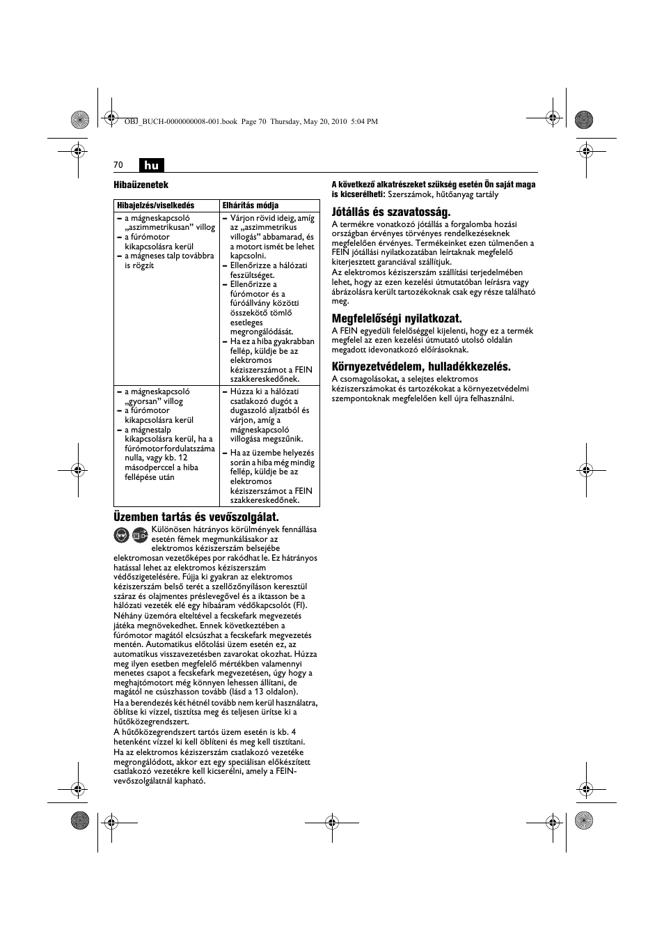 Üzemben tartás és vevőszolgálat, Jótállás és szavatosság, Megfelelőségi nyilatkozat | Környezetvédelem, hulladékkezelés | Fein KBM80auto User Manual | Page 70 / 148