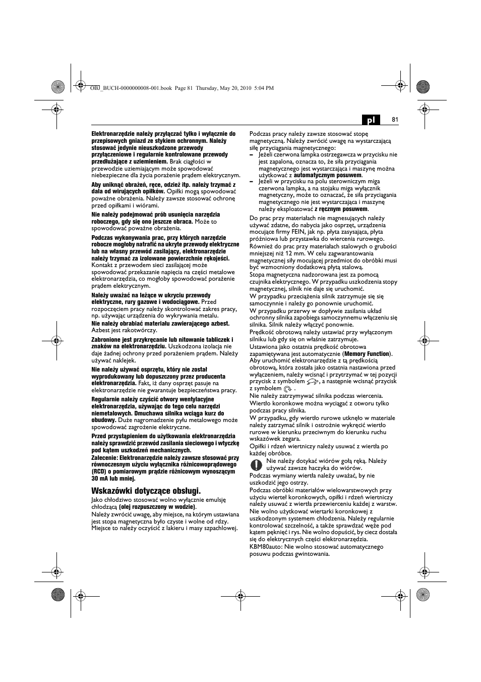 Wskazówki dotyczące obsługi | Fein KBM80auto User Manual | Page 81 / 148