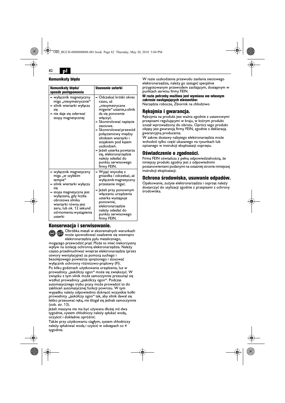 Konserwacja i serwisowanie, Rękojmia i gwarancja, Oświadczenie o zgodności | Ochrona środowiska, usuwanie odpadów | Fein KBM80auto User Manual | Page 82 / 148