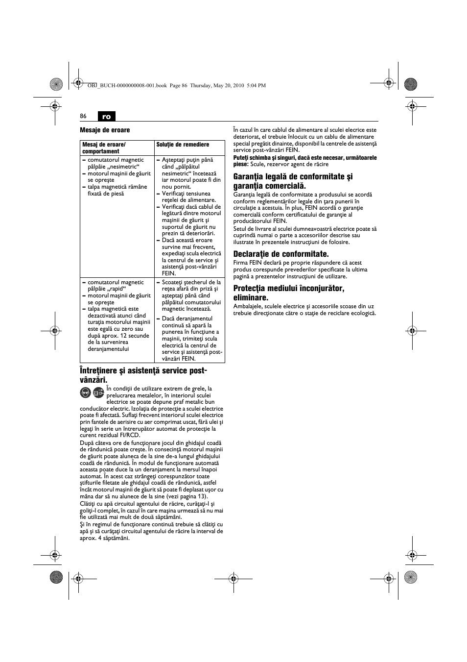 Întreţinere şi asistenţă service post- vânzări, Declaraţie de conformitate, Protecţia mediului înconjurător, eliminare | Fein KBM80auto User Manual | Page 86 / 148