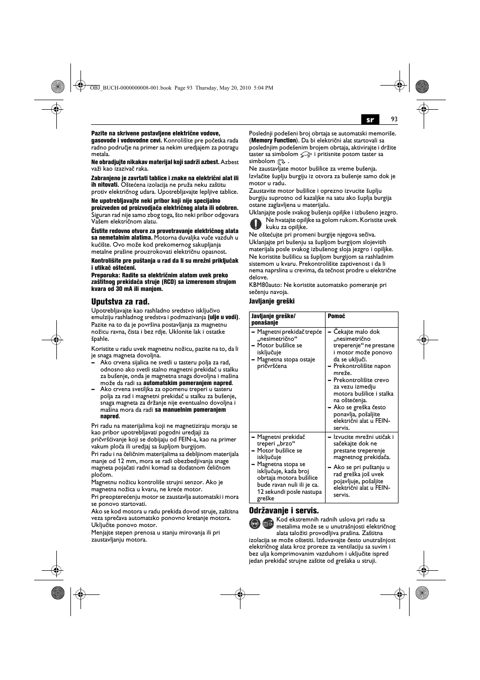 Uputstva za rad, Održavanje i servis | Fein KBM80auto User Manual | Page 93 / 148