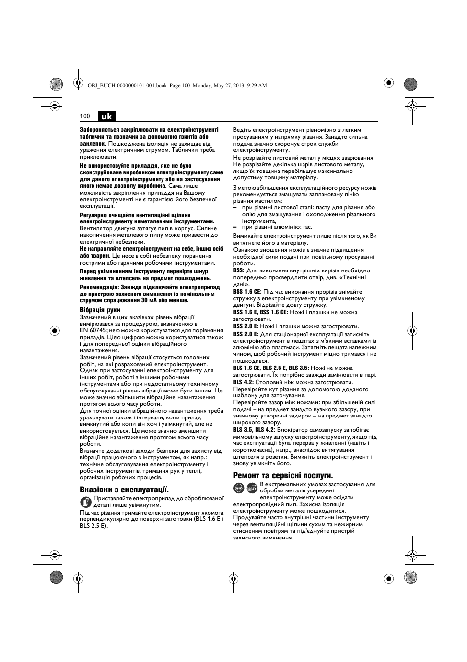 Вказівки з експлуатації, Ремонт та сервісні послуги | Fein BSS 2.0E User Manual | Page 100 / 138