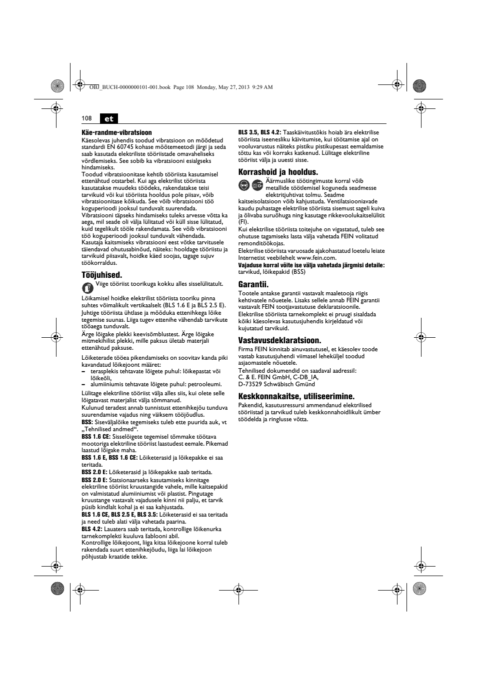 Tööjuhised, Korrashoid ja hooldus, Garantii | Vastavusdeklaratsioon, Keskkonnakaitse, utiliseerimine | Fein BSS 2.0E User Manual | Page 108 / 138