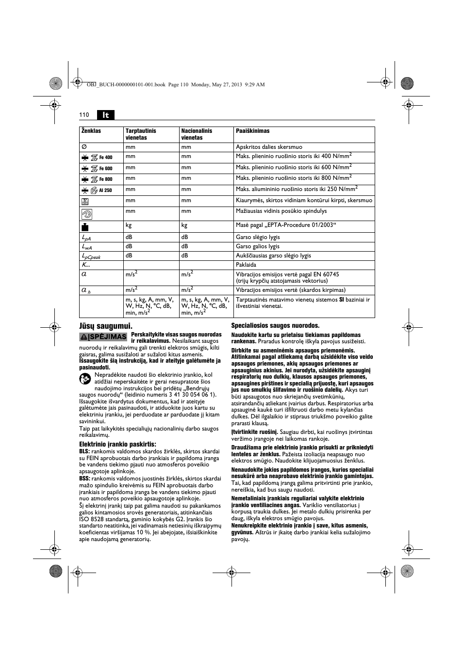 Lt jūsų saugumui | Fein BSS 2.0E User Manual | Page 110 / 138