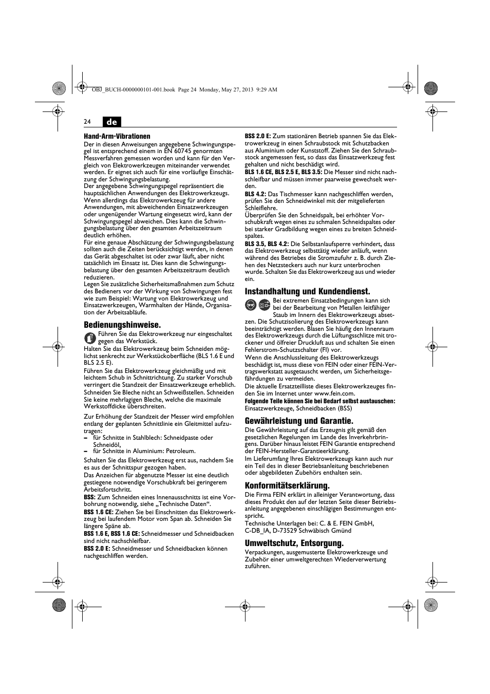 Bedienungshinweise, Instandhaltung und kundendienst, Gewährleistung und garantie | Konformitätserklärung, Umweltschutz, entsorgung | Fein BSS 2.0E User Manual | Page 24 / 138