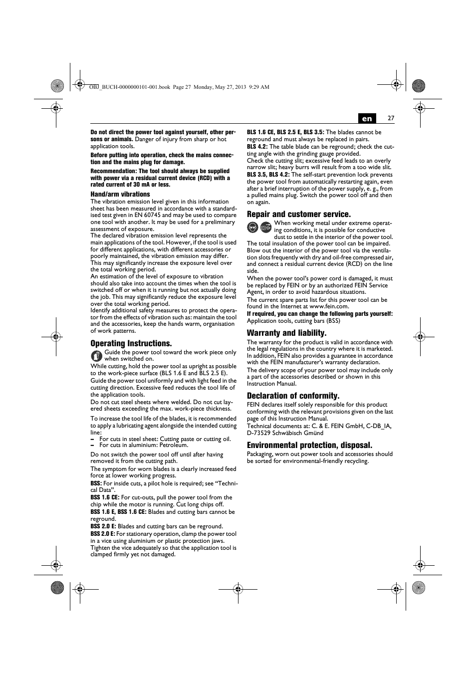 Operating instructions, Repair and customer service, Warranty and liability | Declaration of conformity, Environmental protection, disposal | Fein BSS 2.0E User Manual | Page 27 / 138