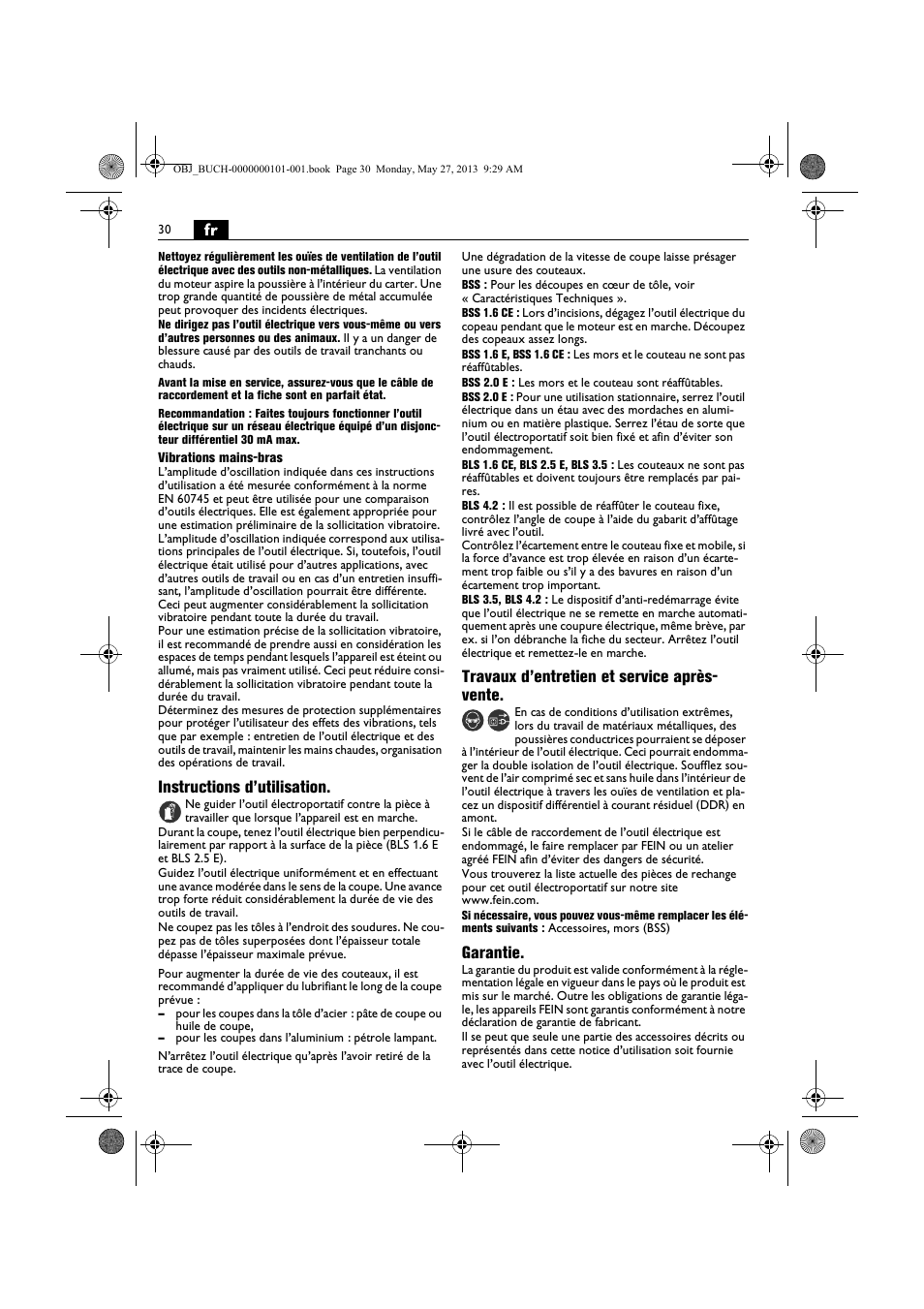 Instructions d’utilisation, Travaux d’entretien et service après- vente, Garantie | Fein BSS 2.0E User Manual | Page 30 / 138