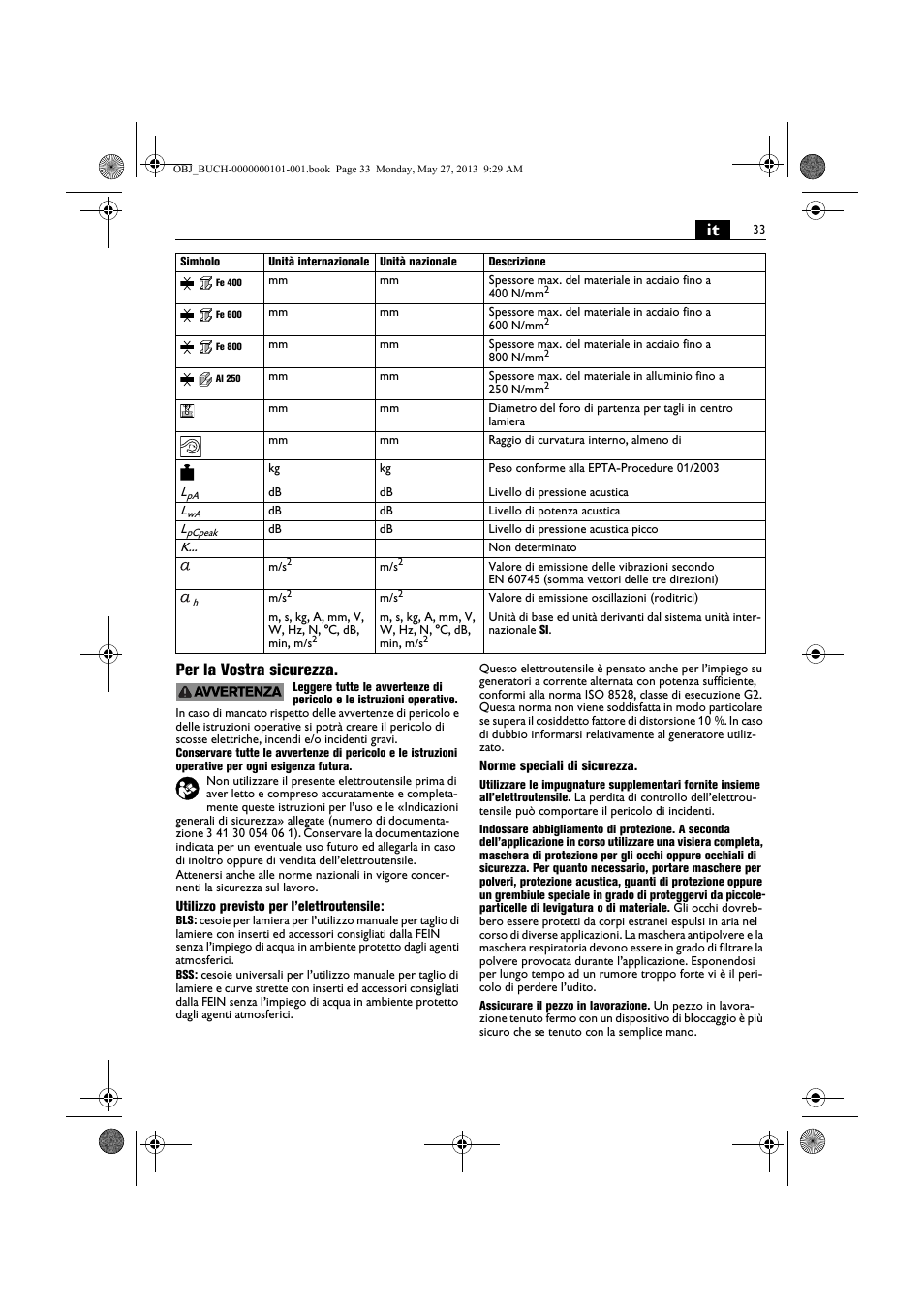 It per la vostra sicurezza | Fein BSS 2.0E User Manual | Page 33 / 138