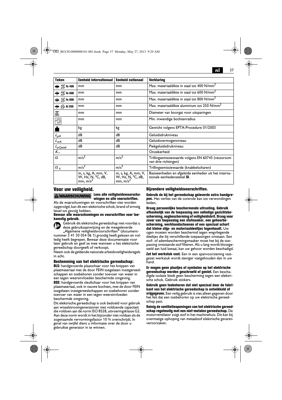 Nl voor uw veiligheid | Fein BSS 2.0E User Manual | Page 37 / 138