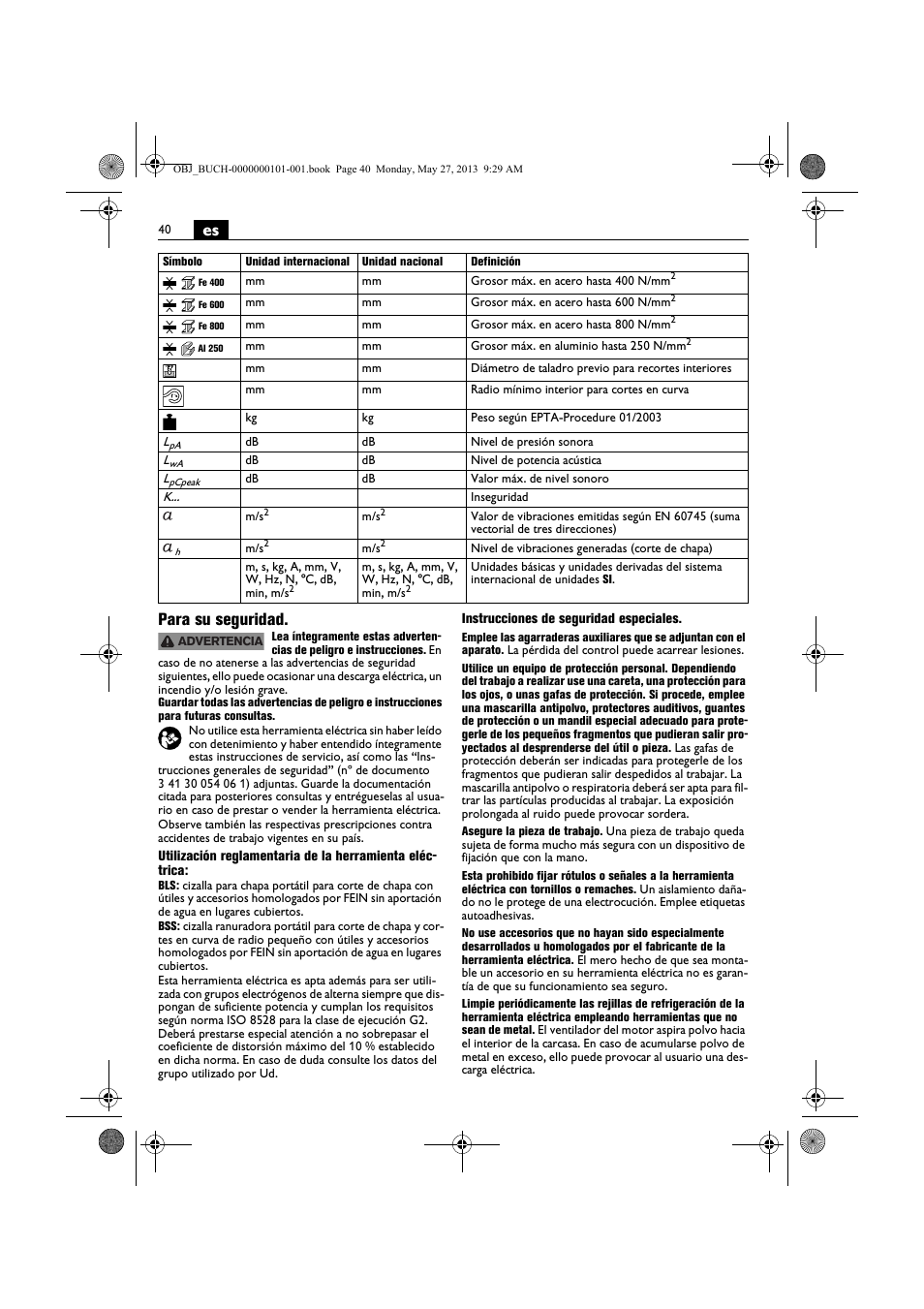 Es para su seguridad | Fein BSS 2.0E User Manual | Page 40 / 138