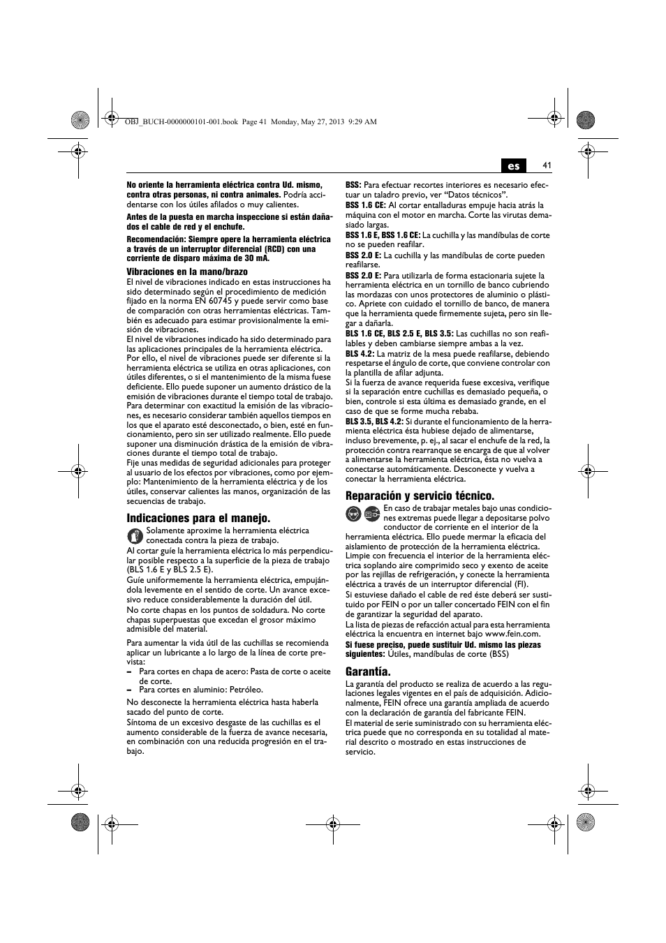 Indicaciones para el manejo, Reparación y servicio técnico, Garantía | Fein BSS 2.0E User Manual | Page 41 / 138