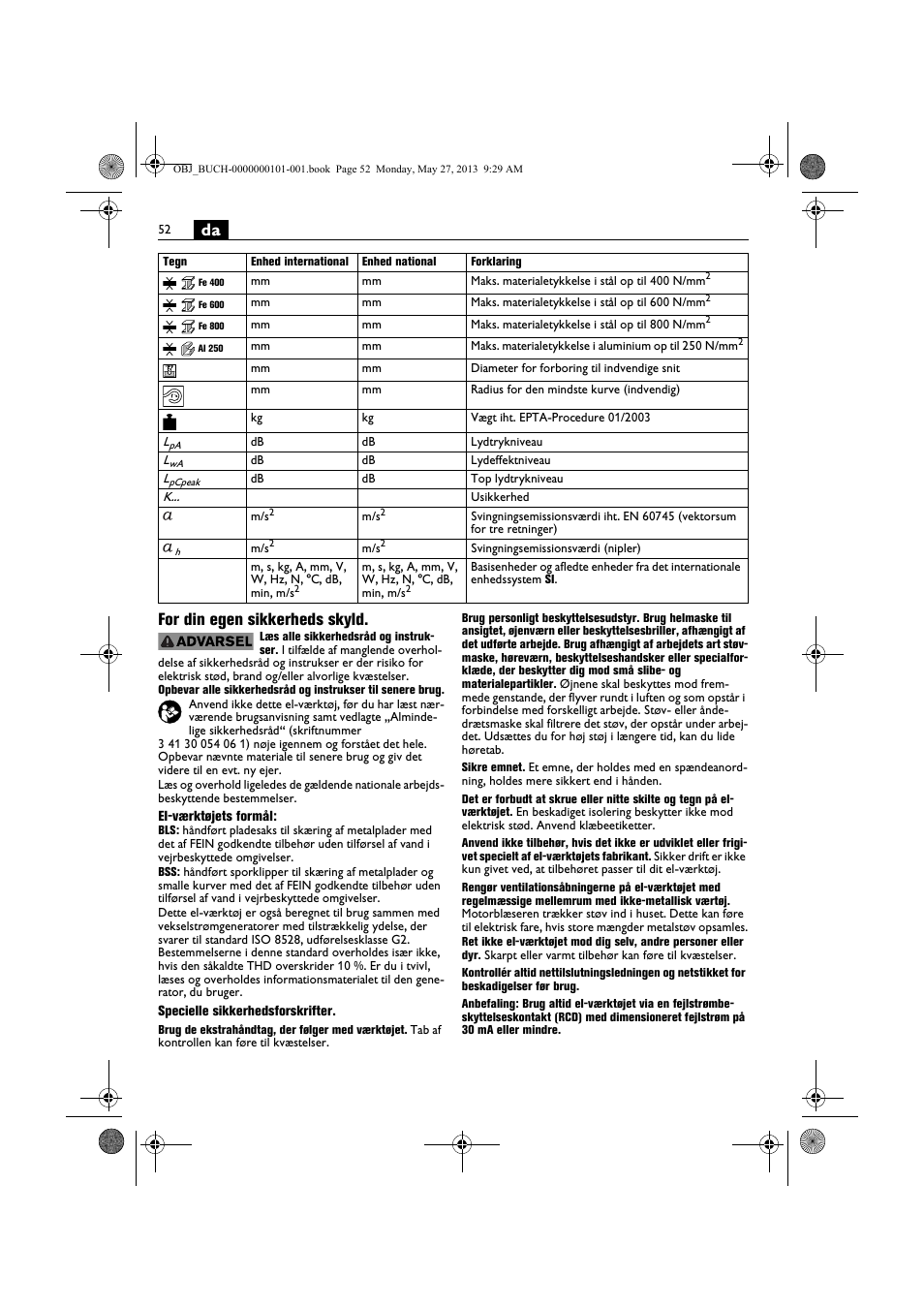 Da for din egen sikkerheds skyld | Fein BSS 2.0E User Manual | Page 52 / 138