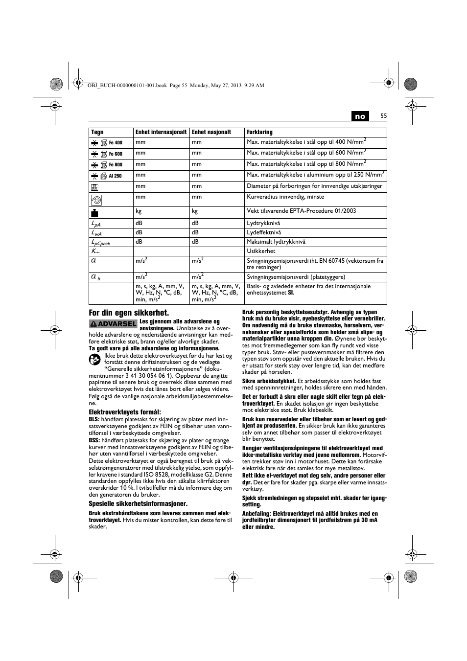 No for din egen sikkerhet | Fein BSS 2.0E User Manual | Page 55 / 138