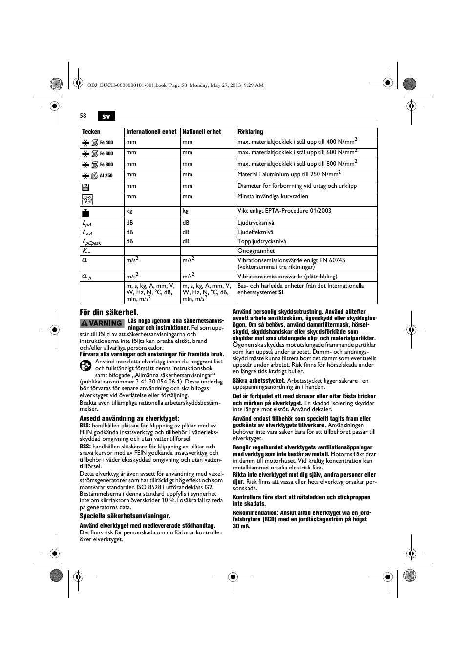 Sv för din säkerhet | Fein BSS 2.0E User Manual | Page 58 / 138