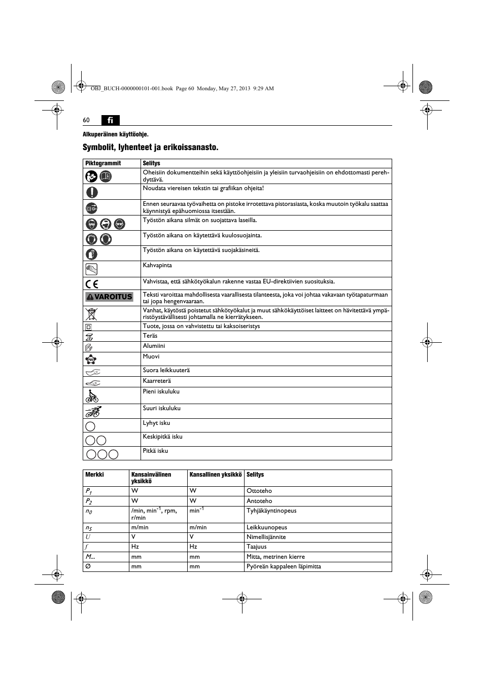 Symbolit, lyhenteet ja erikoissanasto | Fein BSS 2.0E User Manual | Page 60 / 138