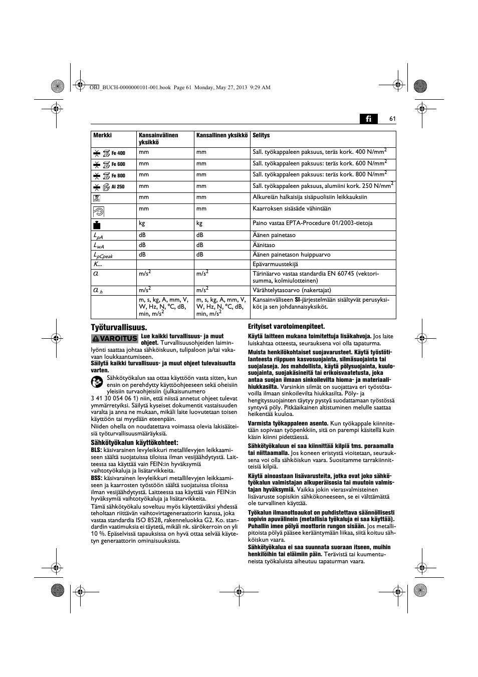 Fi työturvallisuus | Fein BSS 2.0E User Manual | Page 61 / 138