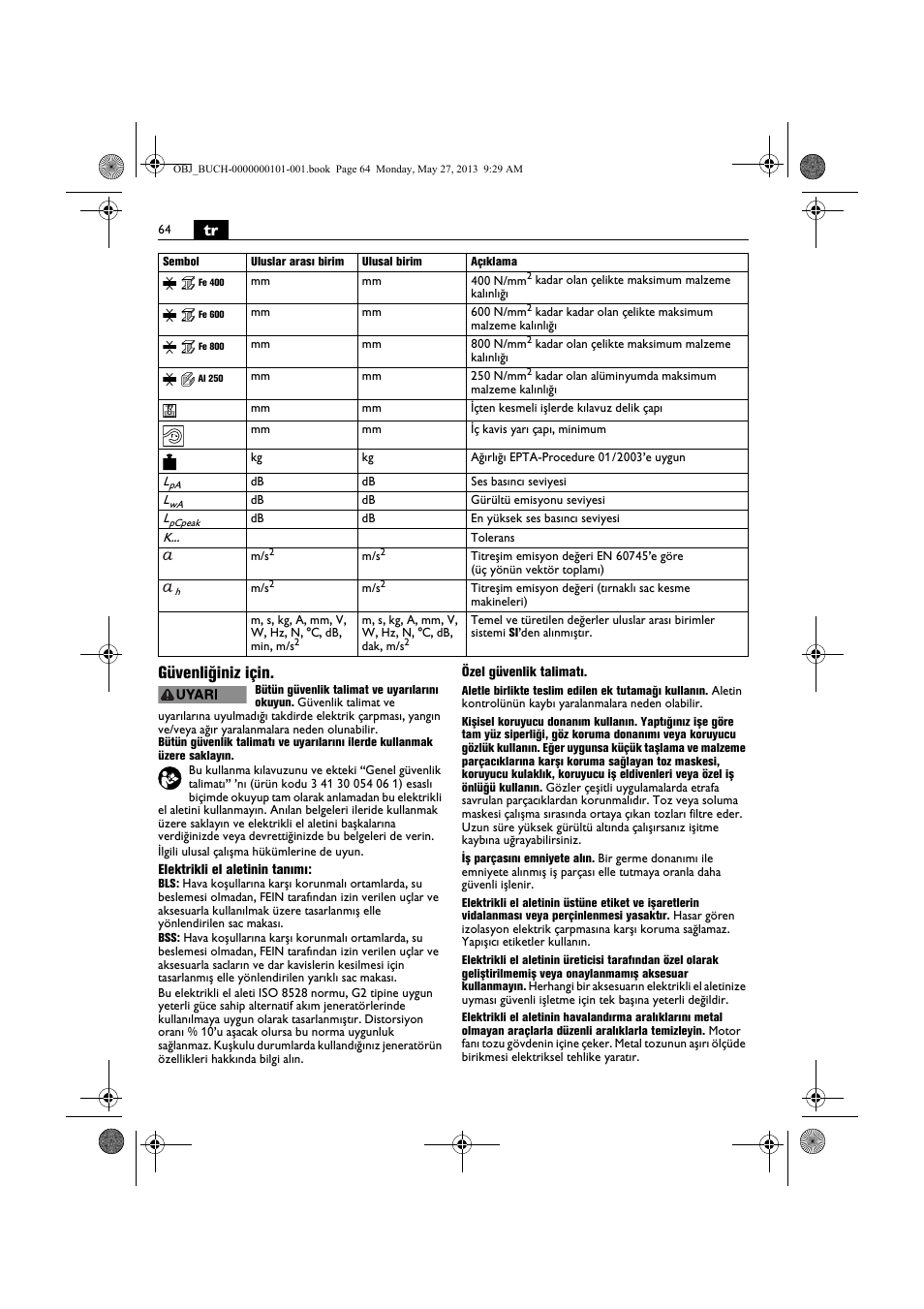 Tr güvenliğiniz için | Fein BSS 2.0E User Manual | Page 64 / 138